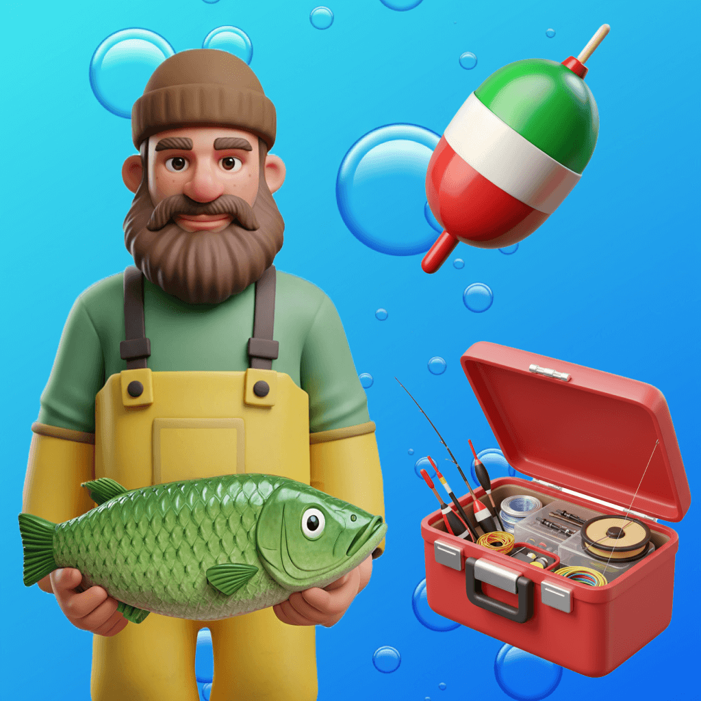 Biggie Pass Fishing Banality screenshot showing fisherman character with yellow shirt and green pants holding emerald fish